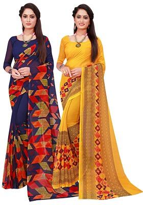 Navy Blue Floral Georgette Saree Set (Set Of 2)