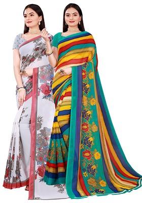 Green Floral Georgette Saree Set (Set Of 2)
