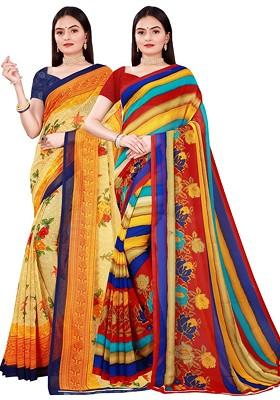 Red Printed Georgette Saree Set (Set Of 2)