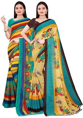 Beige Embroidered Georgette Saree Set (Set Of 2)