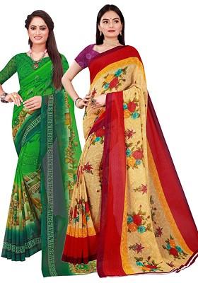 Green Embroidered Georgette Saree Set (Set Of 2)