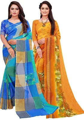 Blue Embroidered Georgette Saree Set (Set Of 2)