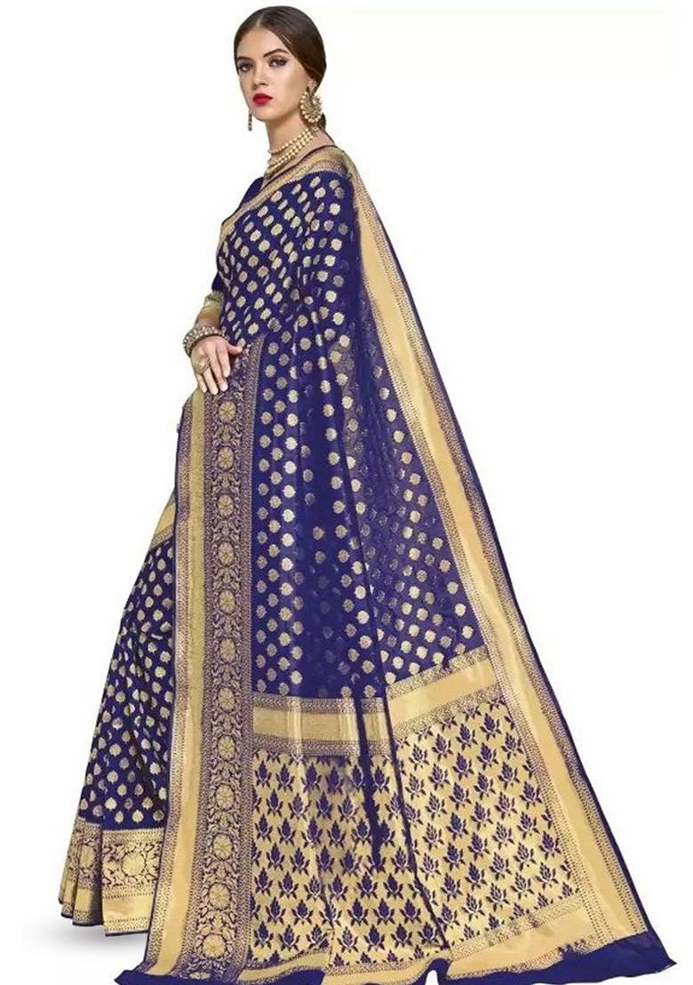 Navy Blue woven Silk Saree Set