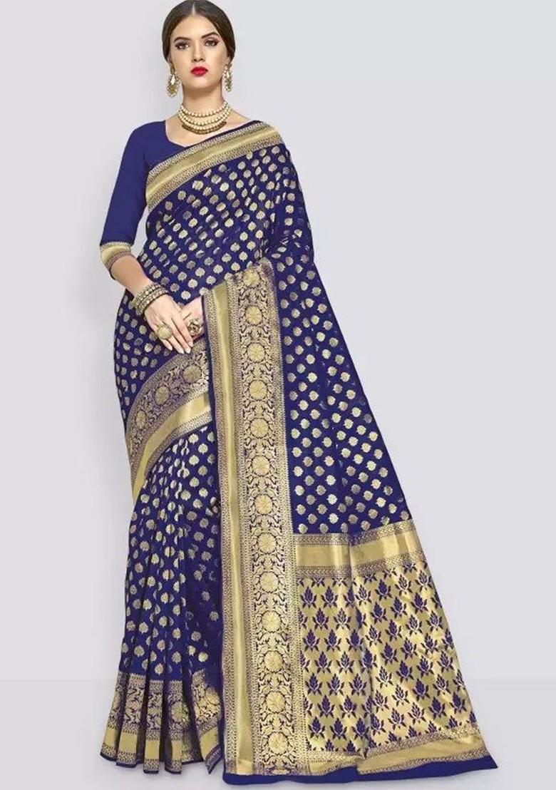 Navy Blue woven Silk Saree Set