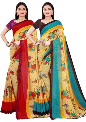 Beige Embroidered Georgette Saree Set (Set Of 2)