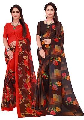 Black Floral Georgette Saree Set (Set Of 2)