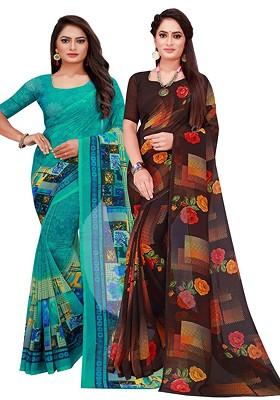 Turquoise Blue Embroidered Georgette Saree Set (Set Of 2)