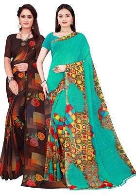 Black Embroidered Georgette Saree Set (Set Of 2)