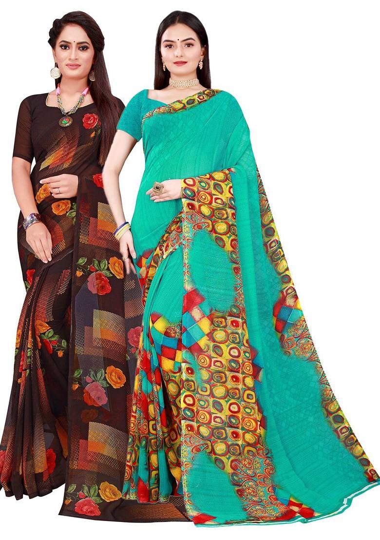 Black Embroidered Georgette Saree Set (Set Of 2)