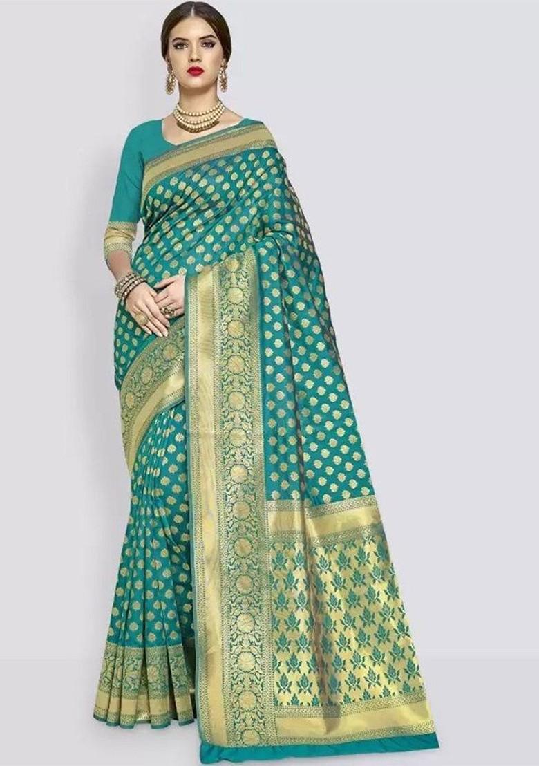 Turquoise Blue woven Silk Saree Set