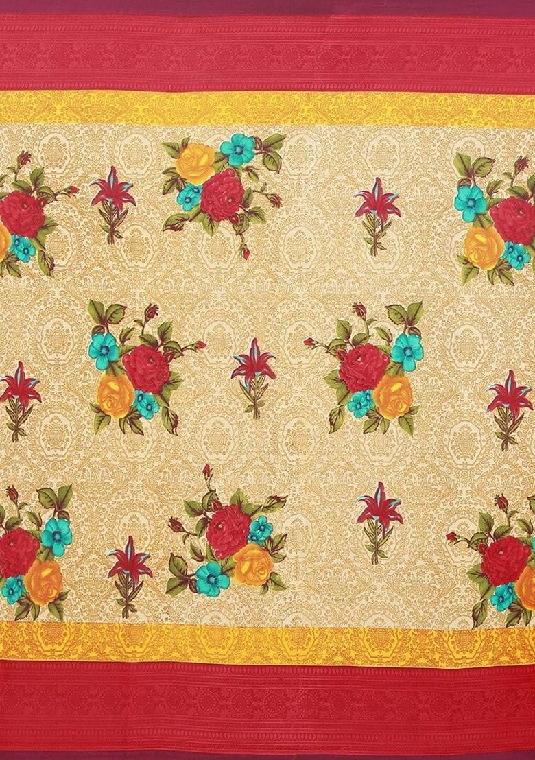 Beige Printed Georgette Saree Set (Set Of 2)