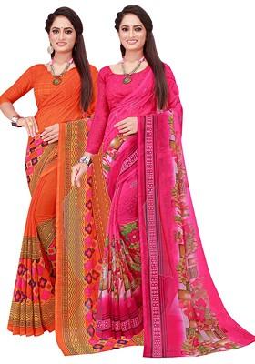 Magenta Printed Georgette Saree Set (Set Of 2)