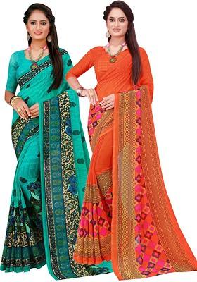 Orange Embroidered Georgette Saree Set (Set Of 2)