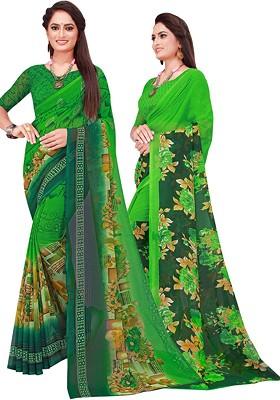 Green Geometric Print Georgette Saree Set (Set Of 2)