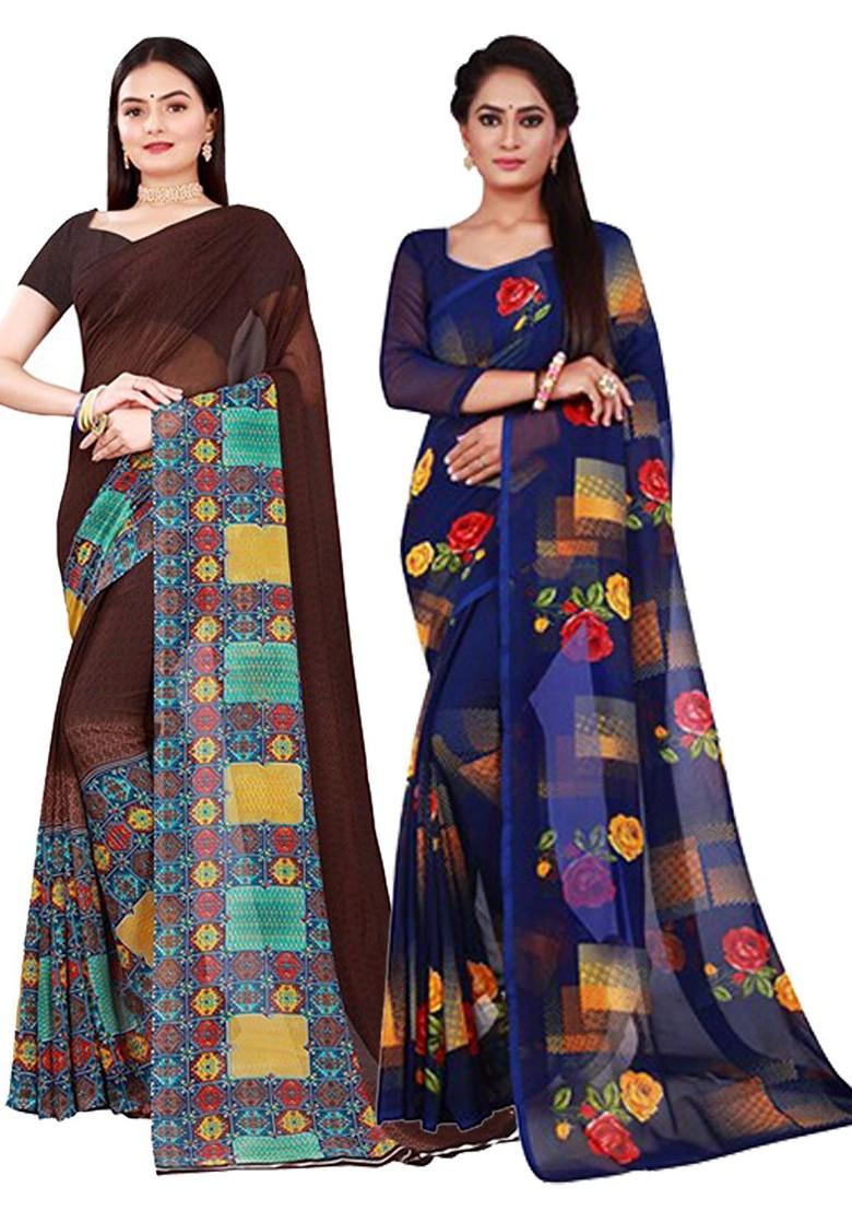 Brown Embroidered Georgette Saree Set