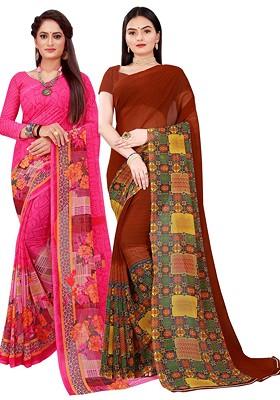 Pink Embroidered Georgette Saree Set (Set Of 2)