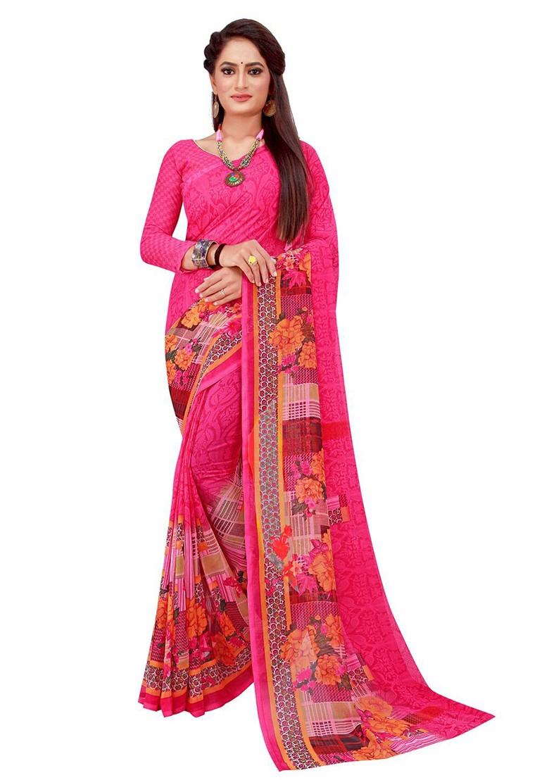 Pink Embroidered Georgette Saree Set (Set Of 2)