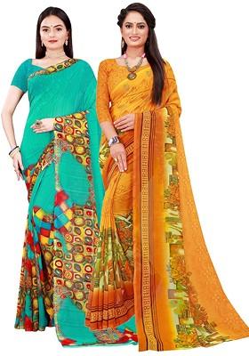 Yellow Printed Georgette Saree Set (Set Of 2)
