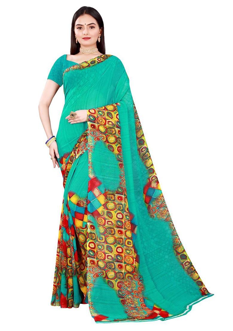 Yellow Printed Georgette Saree Set (Set Of 2)
