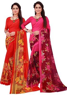 Magenta Printed Georgette Saree Set (Set Of 2)