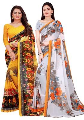 Yellow Printed Georgette Saree Set