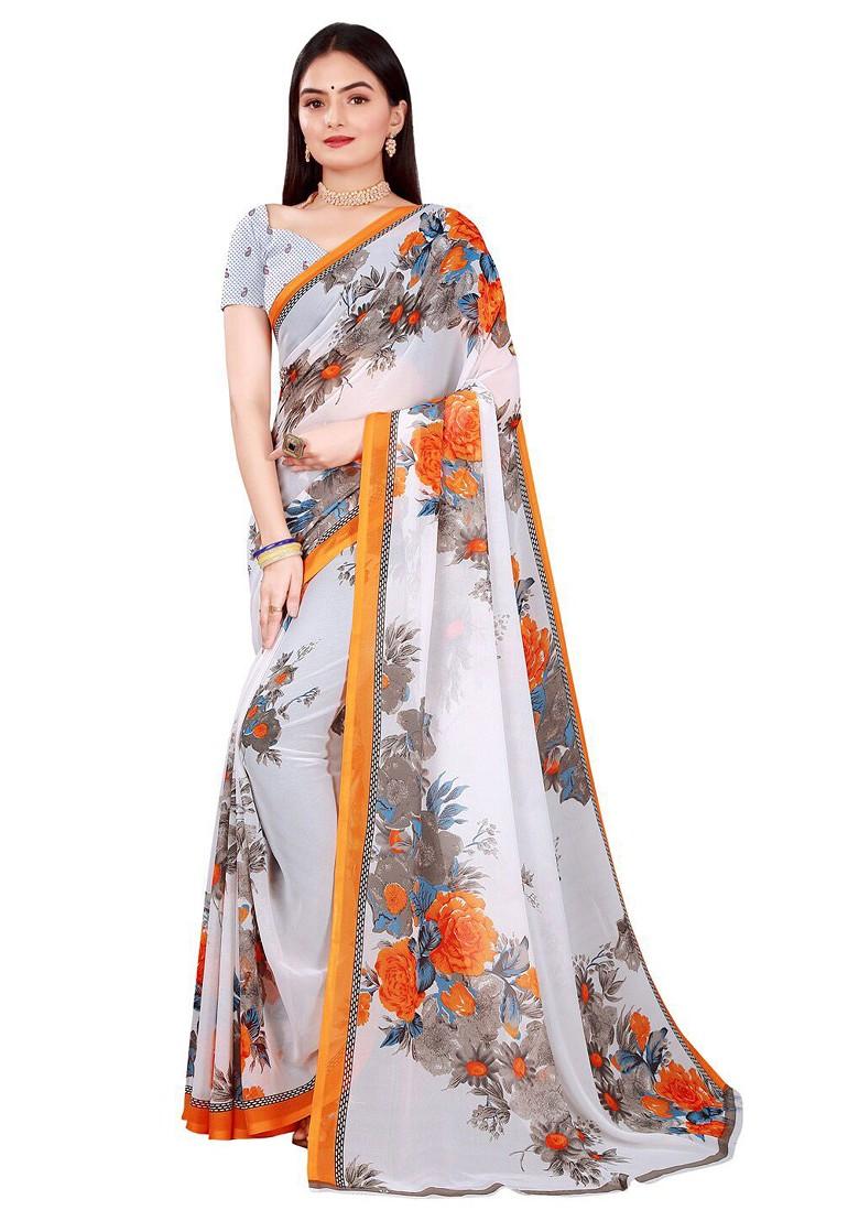 Yellow Printed Georgette Saree Set