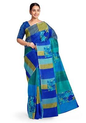 Blue Printed Georgette Saree Set
