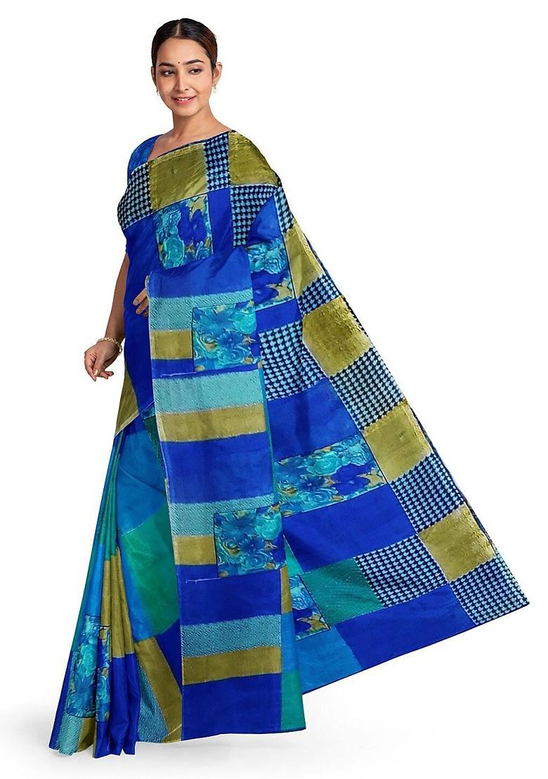 Blue Printed Georgette Saree Set