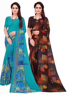 Turquoise Blue Floral Georgette Saree Set (Set Of 2)