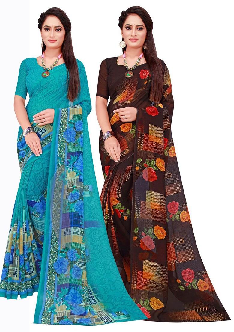 Turquoise Blue Floral Georgette Saree Set (Set Of 2)