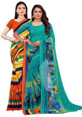 Turquoise Blue Striped Georgette Saree Set (Set Of 2)