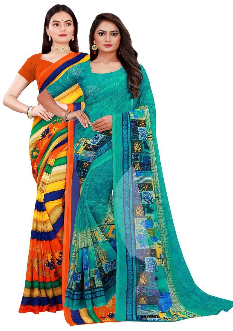 Turquoise Blue Striped Georgette Saree Set (Set Of 2)