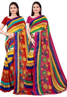 Pink Embroidered Georgette Saree Set (Set Of 2)