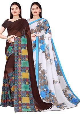 Brown Floral Georgette Saree Set (Set Of 2)