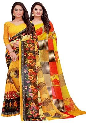 Yellow Printed Georgette Saree Set (Set Of 2)