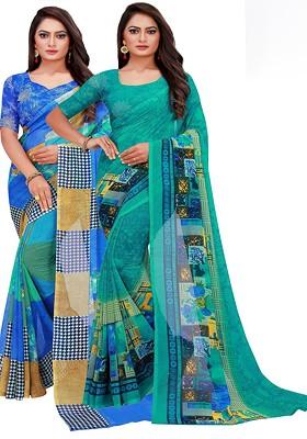 Blue Embroidered Georgette Saree Set (Set Of 2)
