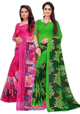 Green Floral Georgette Saree Set (Set Of 2)