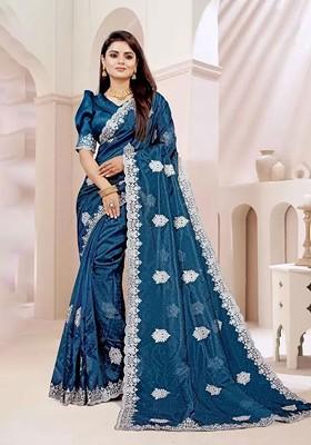 Turquoise Blue Embellished Net Saree Set