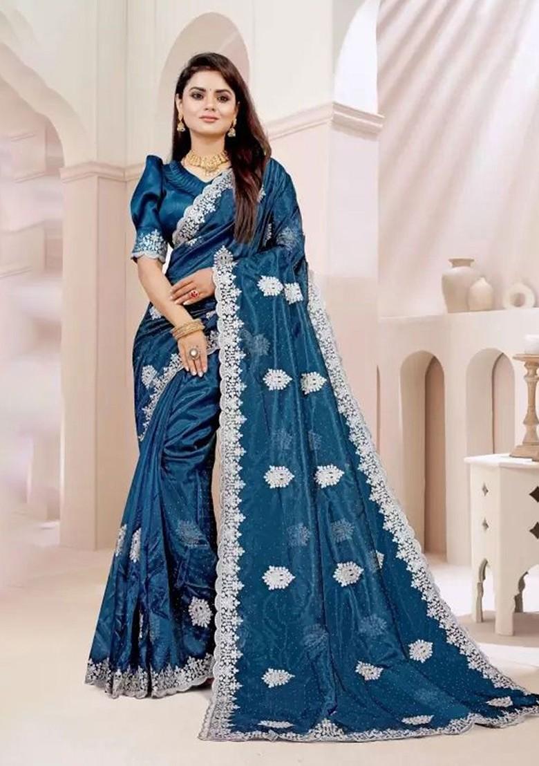 Turquoise Blue Embellished Net Saree Set