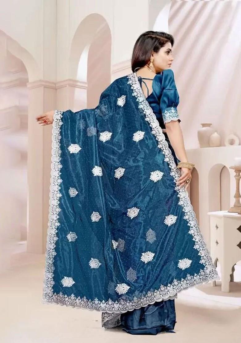 Turquoise Blue Embellished Net Saree Set