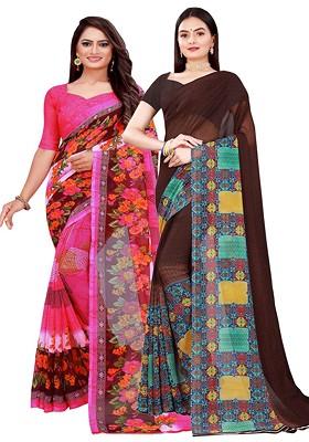 Pink Floral Georgette Saree Set (Set Of 2)