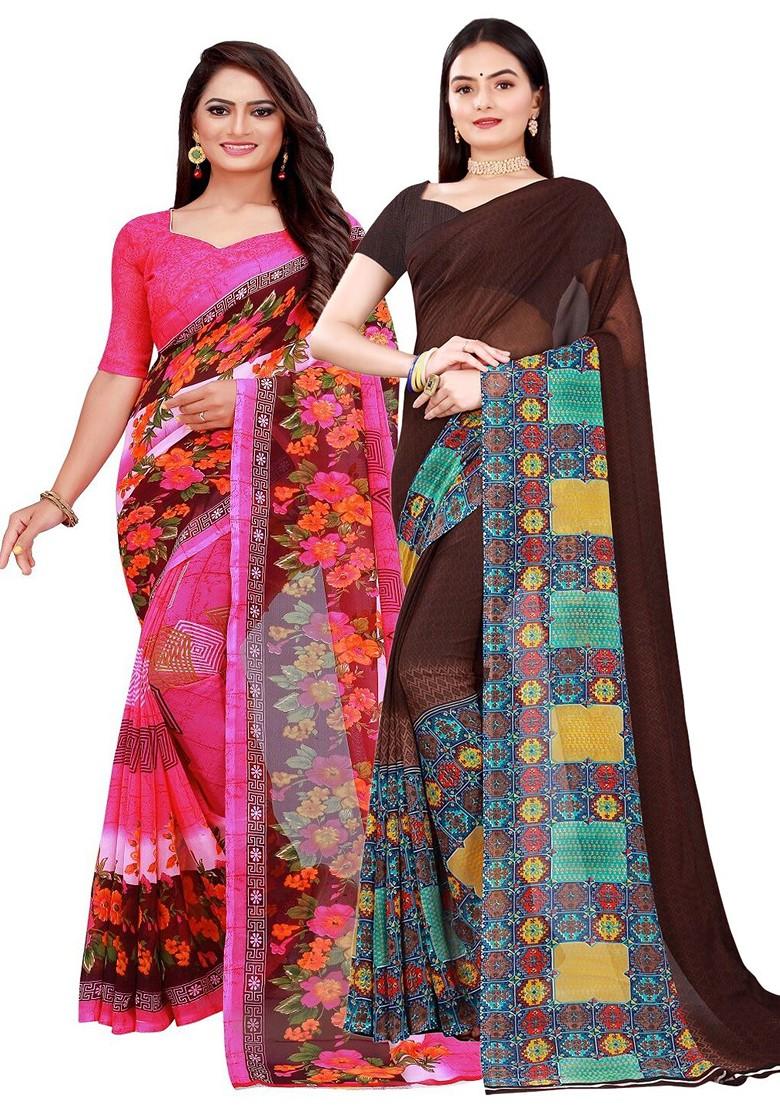 Pink Floral Georgette Saree Set (Set Of 2)