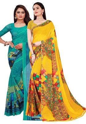 Green Floral Georgette Saree Set (Set Of 2)