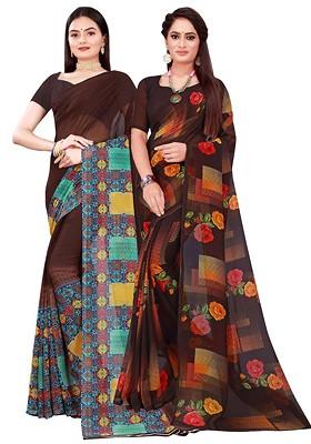 Brown Embroidered Georgette Saree Set