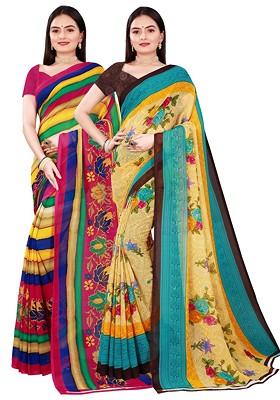 Beige Embroidered Georgette Saree Set (Set Of 2)