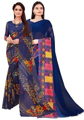 Navy Blue Embroidered Georgette Saree Set