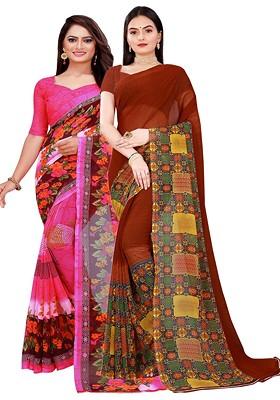 Pink Floral Georgette Saree Set (Set Of 2)