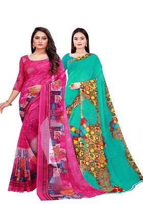 Pink Floral Poly Blend Saree Set (Set Of 2)