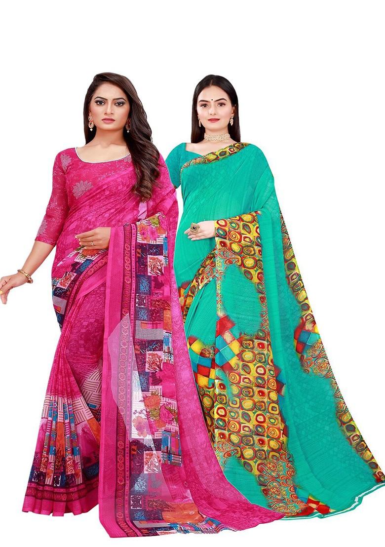 Pink Floral Poly Blend Saree Set (Set Of 2)