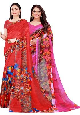 Pink Printed Georgette Saree Set